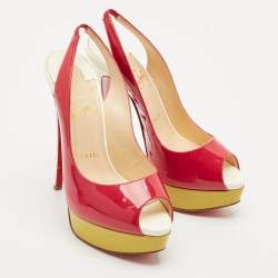 Christian Louboutin Multicolor Patent Leather Lady Peep Toe Platform Slingback Pumps Size 37