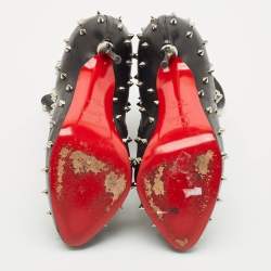 Pre Owned Christian Louboutin Black Leather Big Lips Spiked Ankle Boots Size 38.5