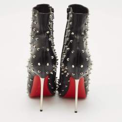 Pre Owned Christian Louboutin Black Leather Big Lips Spiked Ankle Boots Size 38.5