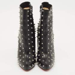 Pre Owned Christian Louboutin Black Leather Big Lips Spiked Ankle Boots Size 38.5