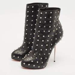 Pre Owned Christian Louboutin Black Leather Big Lips Spiked Ankle Boots Size 38.5