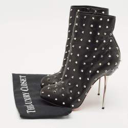 Pre Owned Christian Louboutin Black Leather Big Lips Spiked Ankle Boots Size 38.5