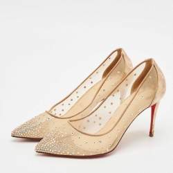 Christian Louboutin Beige Mesh and Patent Leather Follies Strass Pumps Size 39