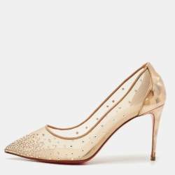 Christian Louboutin Beige Mesh and Patent Leather Follies Strass Pumps Size 39