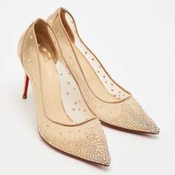 Christian Louboutin Beige Mesh and Patent Leather Follies Strass Pumps Size 39