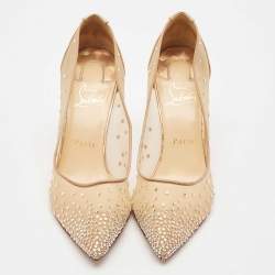 Christian Louboutin Beige Mesh and Patent Leather Follies Strass Pumps Size 39