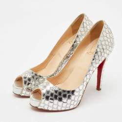Christian Louboutin Silver Scaled PVC Poseidon Peep Toe Platform Pumps Size 38
