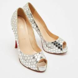 Christian Louboutin Silver Scaled PVC Poseidon Peep Toe Platform Pumps Size 38