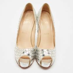 Christian Louboutin Silver Scaled PVC Poseidon Peep Toe Platform Pumps Size 38