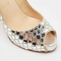 Christian Louboutin Silver Scaled PVC Poseidon Peep Toe Platform Pumps Size 38