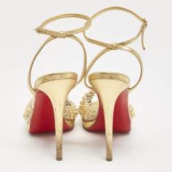 Christian Louboutin Gold Leather and PVC Spiked St Jeannette Ankle Strap Sandals Size 39