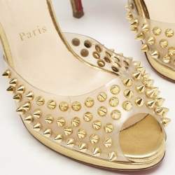 Christian Louboutin Gold Leather and PVC Spiked St Jeannette Ankle Strap Sandals Size 39