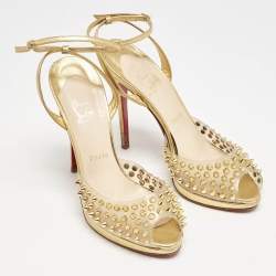 Christian Louboutin Gold Leather and PVC Spiked St Jeannette Ankle Strap Sandals Size 39