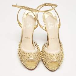 Christian Louboutin Gold Leather and PVC Spiked St Jeannette Ankle Strap Sandals Size 39