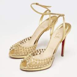 Christian Louboutin Gold Leather and PVC Spiked St Jeannette Ankle Strap Sandals Size 39