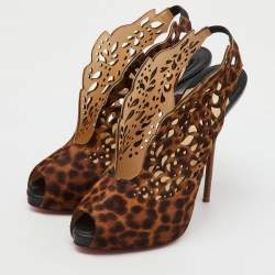 Christian Louboutin Brown Leopard Print Calf Hair Markesling Peep Toe Pumps Size 38