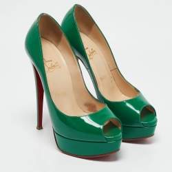 Pre Owned Christian Louboutin Green Patent Leather Lady Peep Toe Pumps Size 38.5