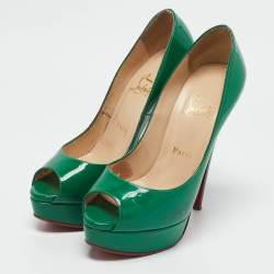 Pre Owned Christian Louboutin Green Patent Leather Lady Peep Toe Pumps Size 38.5