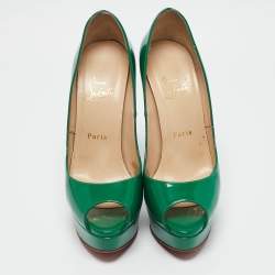 Pre Owned Christian Louboutin Green Patent Leather Lady Peep Toe Pumps Size 38.5
