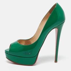 Pre Owned Christian Louboutin Green Patent Leather Lady Peep Toe Pumps Size 38.5