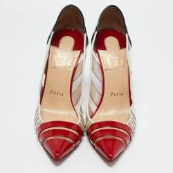 Pre Owned Christian Louboutin Tricolor Patent Leather and PVC Bandy Stripe Pumps Size 37