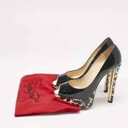 Pre Owned Christian Louboutin Black Marble Print Patent Leather Peep Toe Pumps Size 38