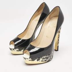 Pre Owned Christian Louboutin Black Marble Print Patent Leather Peep Toe Pumps Size 38