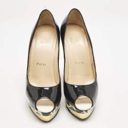 Pre Owned Christian Louboutin Black Marble Print Patent Leather Peep Toe Pumps Size 38