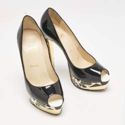 Pre Owned Christian Louboutin Black Marble Print Patent Leather Peep Toe Pumps Size 38