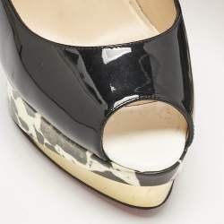 Pre Owned Christian Louboutin Black Marble Print Patent Leather Peep Toe Pumps Size 38