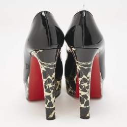 Pre Owned Christian Louboutin Black Marble Print Patent Leather Peep Toe Pumps Size 38