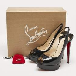 Pre Owned Christian Louboutin Black Patent Leather Lady Peep Sling Pumps Size 39.5