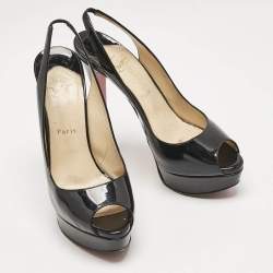 Pre Owned Christian Louboutin Black Patent Leather Lady Peep Sling Pumps Size 39.5