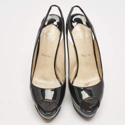 Pre Owned Christian Louboutin Black Patent Leather Lady Peep Sling Pumps Size 39.5