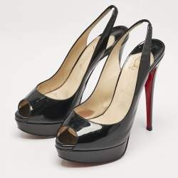 Pre Owned Christian Louboutin Black Patent Leather Lady Peep Sling Pumps Size 39.5