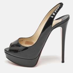Pre Owned Christian Louboutin Black Patent Leather Lady Peep Sling Pumps Size 39.5