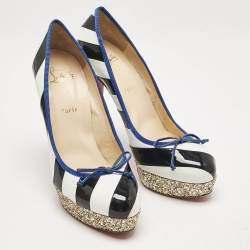 Christian Louboutin White/Black Striped Patent and Leather Foraine Pumps Size 41