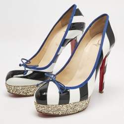 Christian Louboutin White/Black Striped Patent and Leather Foraine Pumps Size 41