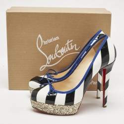 Christian Louboutin White/Black Striped Patent and Leather Foraine Pumps Size 41
