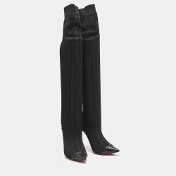 Christian Louboutin Black Knit Fabric and Leather Souricette Knee Length Boots 38