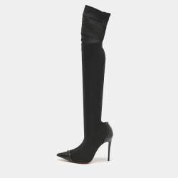 Christian Louboutin Black Knit Fabric and Leather Souricette Knee Length Boots 38