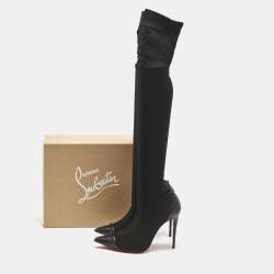 Christian Louboutin Black Knit Fabric and Leather Souricette Knee Length Boots 38