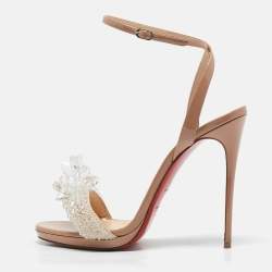Christian Louboutin Beige Patent Leather and Suede Crystal Queen Sandals Size 39