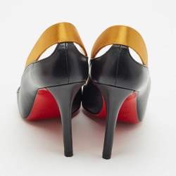 Pre Owned Christian Louboutin Black/Gold Leather and Satin Pointed Toe Pumps Size 39