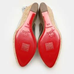 Christian Louboutin Silver Foil Leather Une Plume Peep-Toe Cork Wedge Sandals Size 40.5