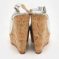 Christian Louboutin Silver Foil Leather Une Plume Peep-Toe Cork Wedge Sandals Size 40.5