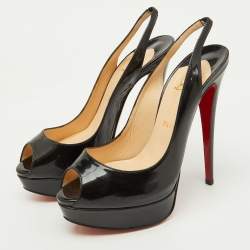 Christian Louboutin Black Patent Leather Lady Peep Slingback Pumps Size 39.5