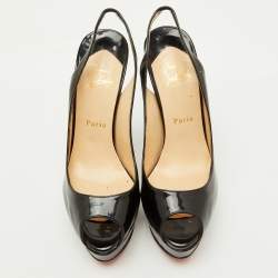 Christian Louboutin Black Patent Leather Lady Peep Slingback Pumps Size 39.5