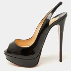Christian Louboutin Black Patent Leather Lady Peep Slingback Pumps Size 39.5