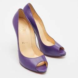 Pre Owned Christian Louboutin Purple Leather Flo Peep Toe Pumps Size 37.5